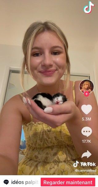 Camryn tenant son chaton noir et blanc Cowboy dans un salon cosy.