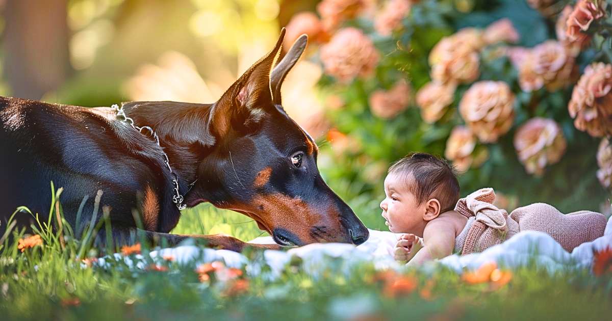 Doberman sauvant héroïquement un bébé du danger dans un jardin ensoleillé