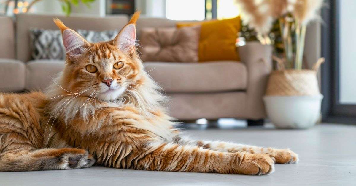 Omar, le Maine Coon record, détendu dans un salon moderne australien