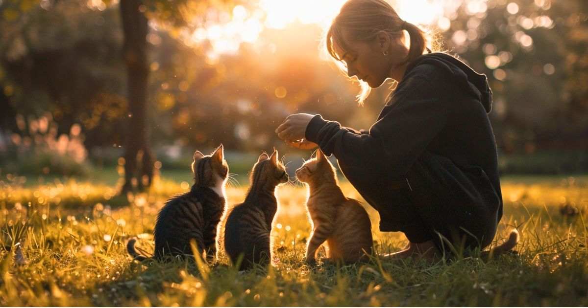 Une femme tendant la main à trois chats abandonnés dans un parc au crépuscule