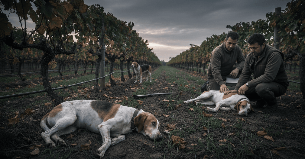 Chien de chasse triste dans les vignes de Beauvoisin, village endeuillé