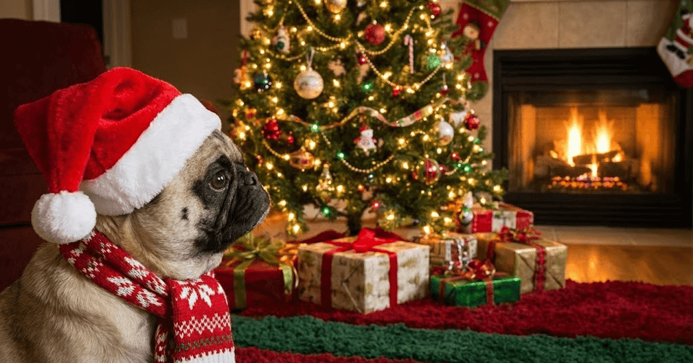 Un petit carlin à l'air sérieux devant des décorations de Noël