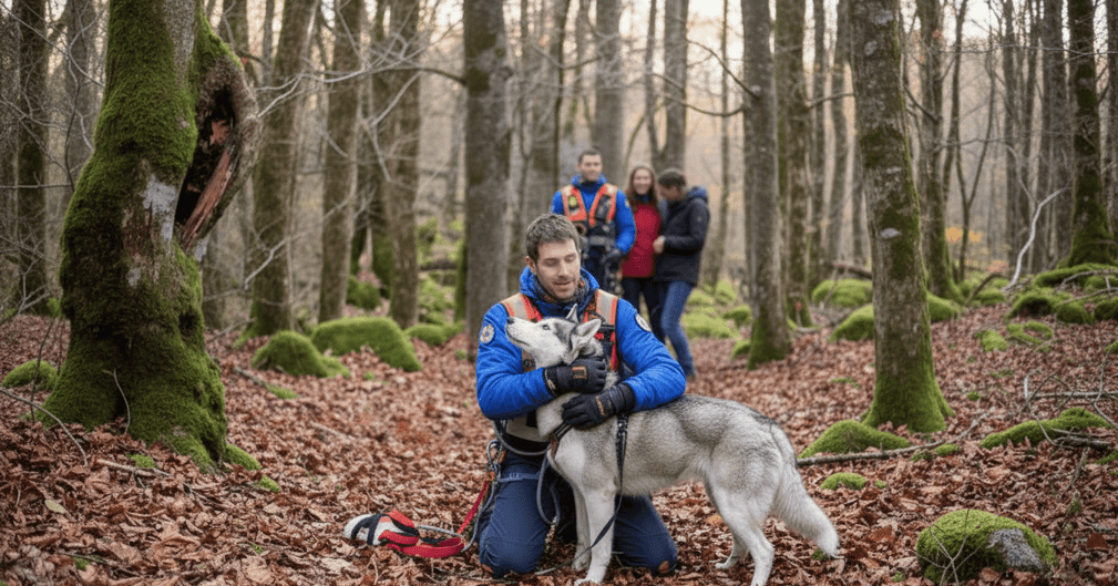 Un chien de type nordique secouru par des gendarmes en pleine montagne, ému mais indemne, retrouvé après deux jours d’attente dans la nature.