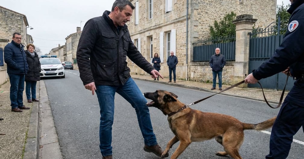 Un chien de type Malinois l'air alerte et tendu dans une rue résidentielle. ( image d'illustration )
