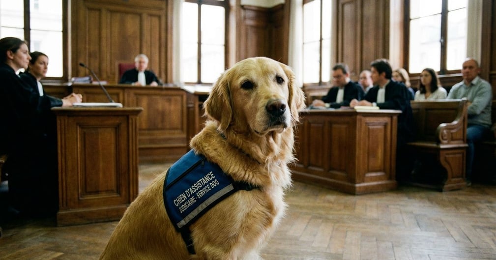 Un chien d'assistance judiciaire de race Golden Retriever portant un harnais bleu et assis calmement dans une salle d'audience.