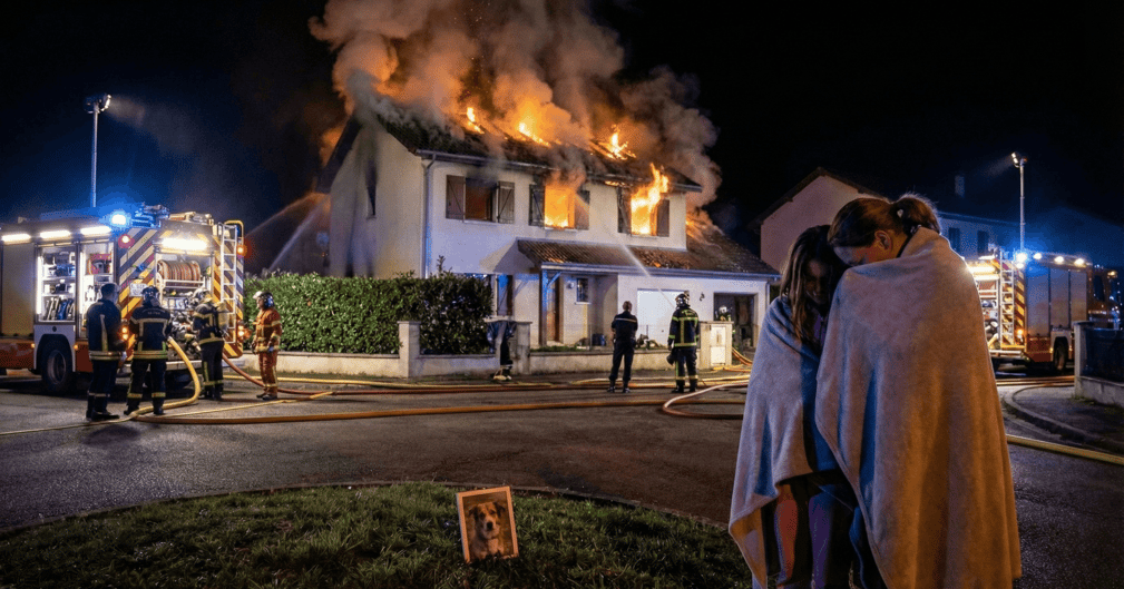 Maison en feu la nuit avec pompiers en intervention 