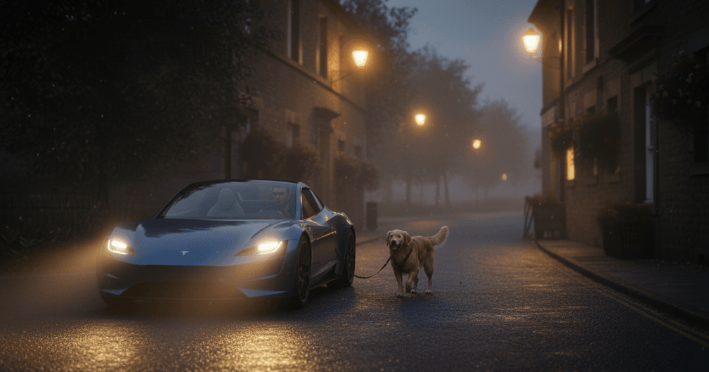 Chien tenu en laisse courant à côté d'une voiture la nuit à Oissel