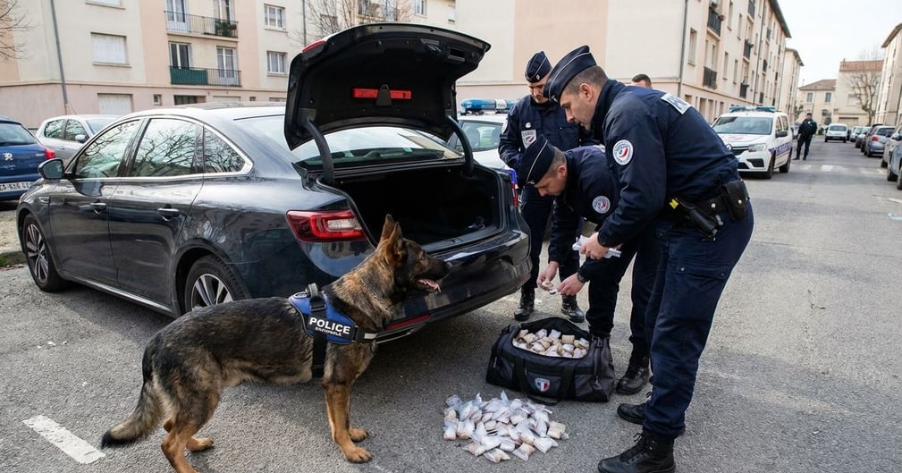 Un chien policier de type Malinois attentif lors d'une mission de recherche stups.  ( image d'illustration )