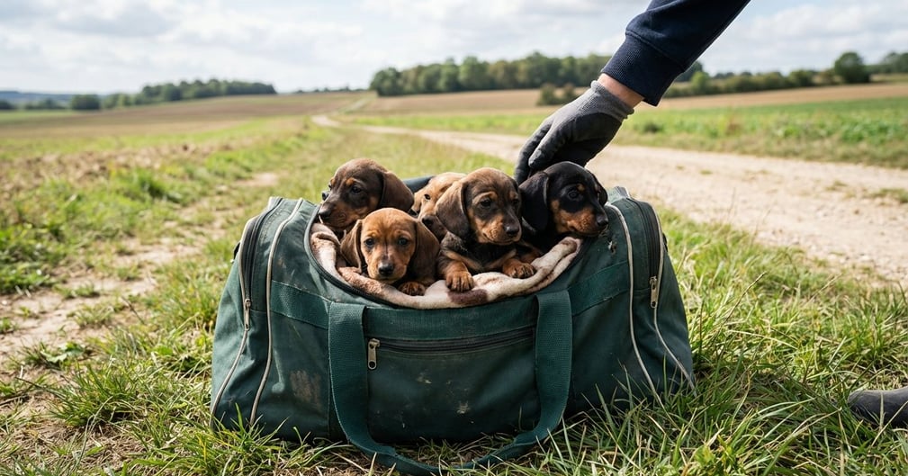 Cinq petits chiots Teckels blottis les uns contre les autres dans une couverture après leur sauvetage.