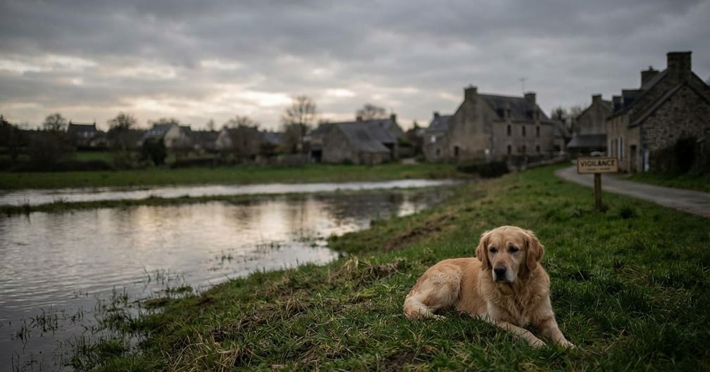 Un chien curieux reniflant une flaque d'eau dans un sous-bois humide en Bretagne