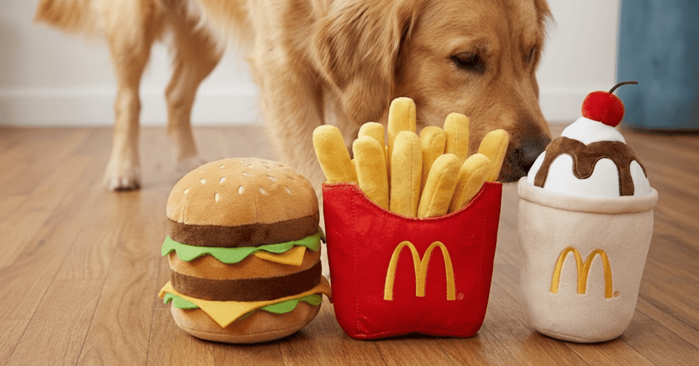 Collection de jouets McDonald’s pour chiens inspirés des produits phares comme le burger, sundae et frites