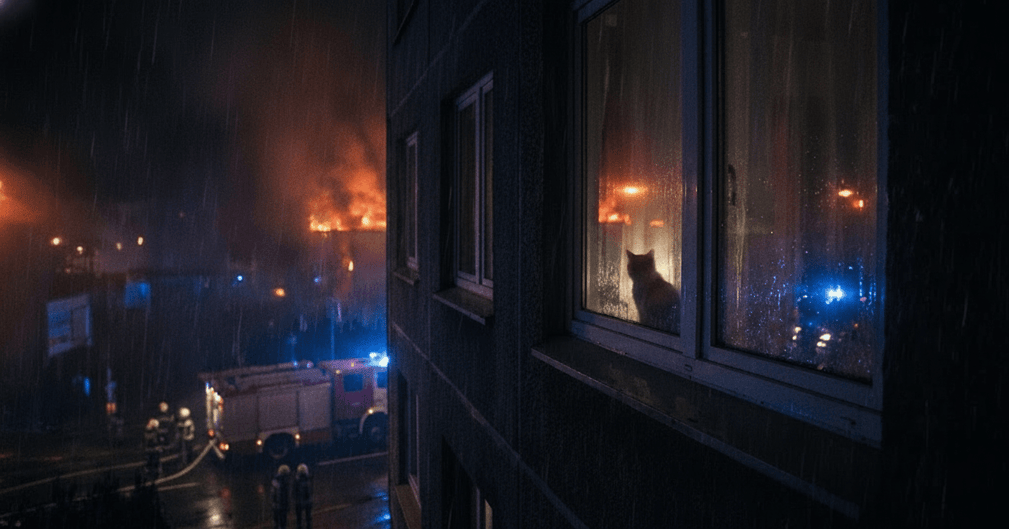 Chat regardant par une fenêtre avec un reflet de flammes, symbolisant l'incendie tragique de Nîmes.