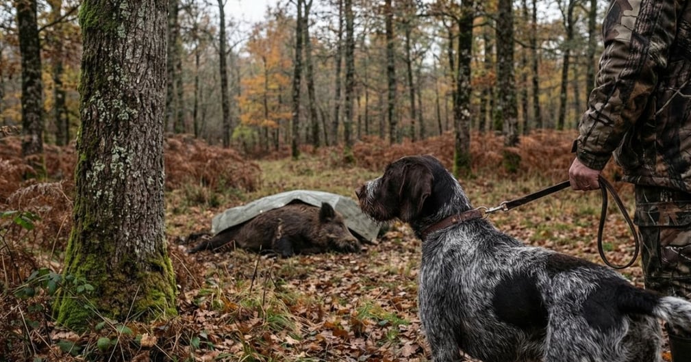 Chien de chasse en forêt, tenu en laisse près d’un sanglier abattu, illustrant la vigilance contre la maladie d’Aujeszky en Creuse