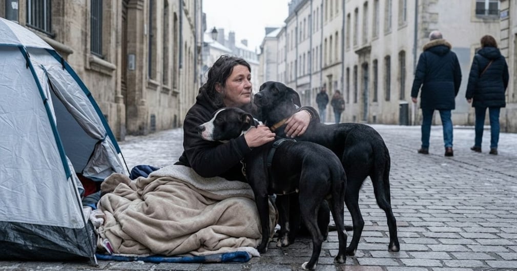 Un chien blotti contre son maître sans-abri sous une couverture dans une rue de Nancy.