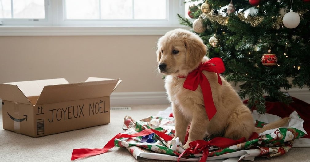 Un chiot mignon avec un gros nœud rouge assis tristement devant un sapin de Noël, illustrant la responsabilité d'un tel cadeau.