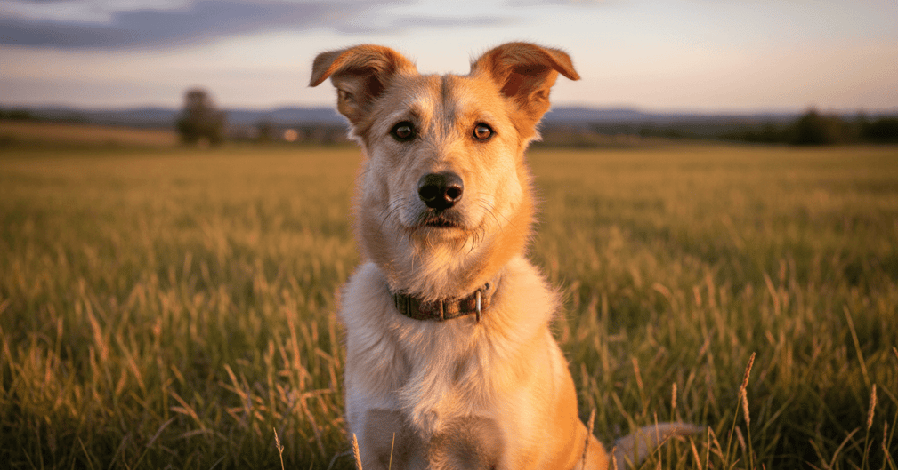 Un jeune chien de type croisé, l'air doux et reconnaissant, après avoir été secouru.