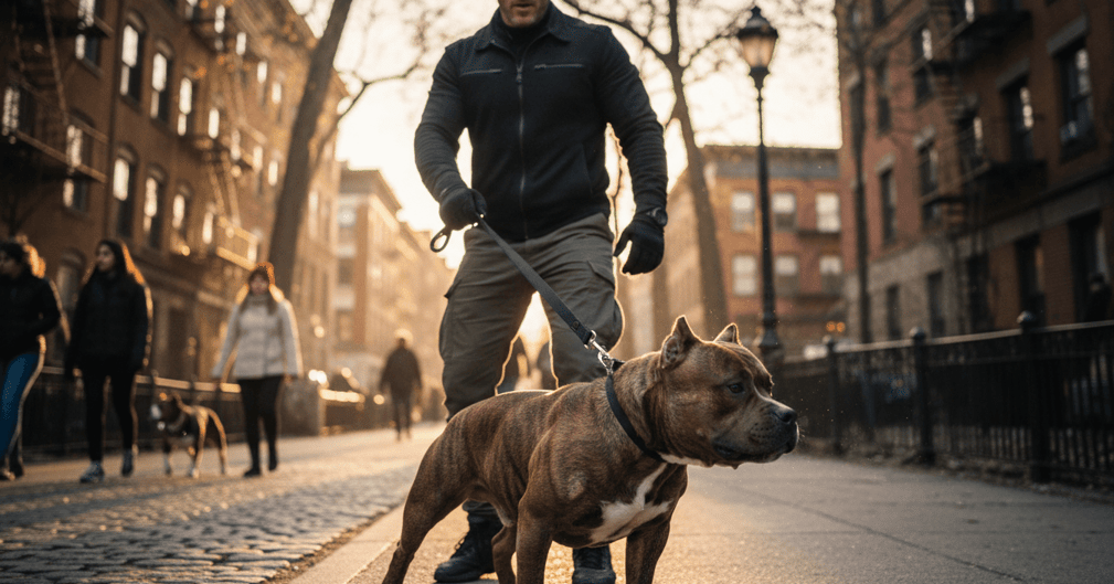 Un chien tenu fermement en laisse courte par son propriétaire dans une rue de ville