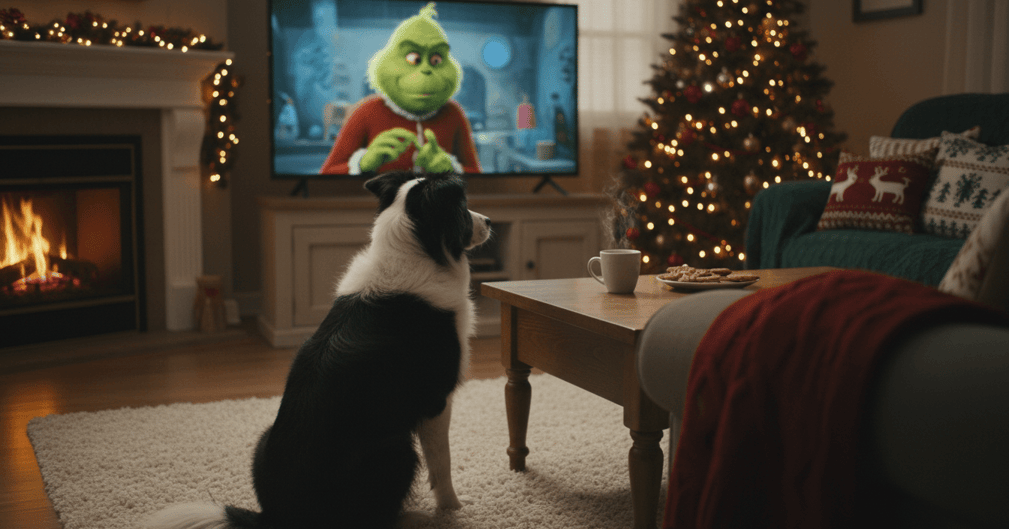 Un Border Collie attentif regardant intensément un film de Noël à la télévision dans un salon décoré.