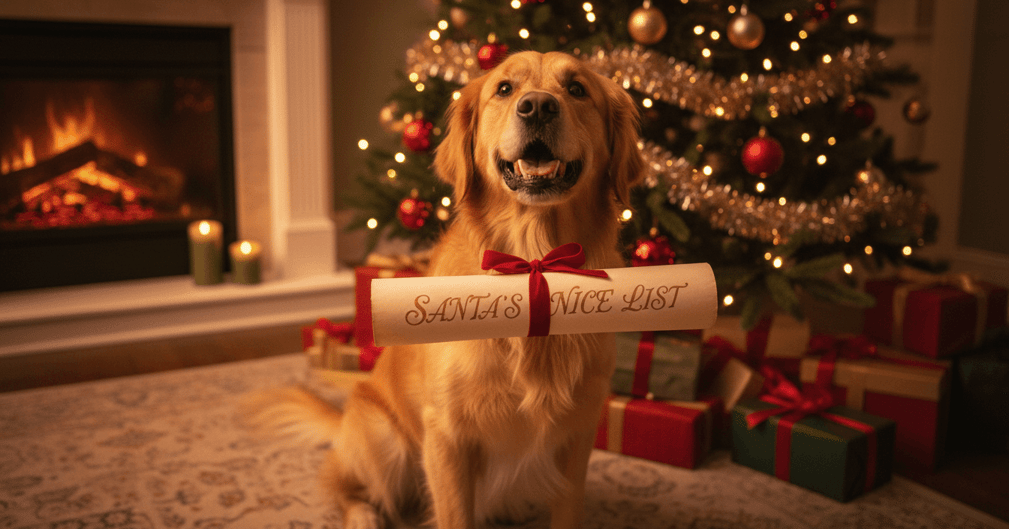 Un Golden Retriever joyeux regardant une liste de Noël tenue par son maître