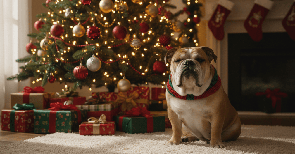Un bouledogue anglais assis sagement sous un sapin de Noël décoré avec des lumières.