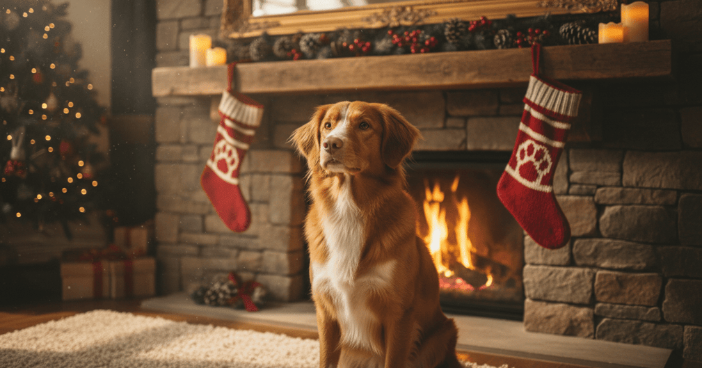 Un chien de race Nova Scotia Duck Tolling Retriever regardant avec curiosité une chaussette de Noël suspendue à une cheminée.