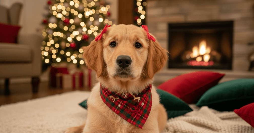 Un adorable chiot Golden Retriever portant des nœuds rouges sur les oreilles devant un décor festif