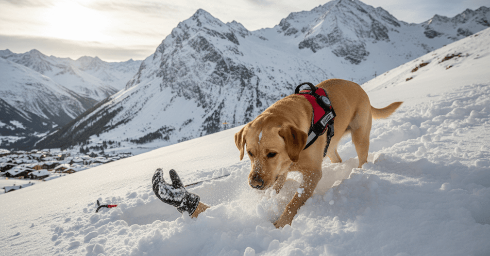 Un chien de race Labrador, secouriste en montagne, travaillant dans la neige lors d'un sauvetage après une avalanche.