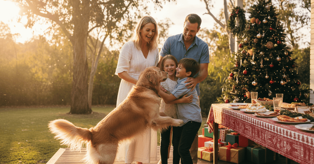 Un chien joyeux sautant dans les bras de ses propriétaires devant un sapin de Noël en Australie.
