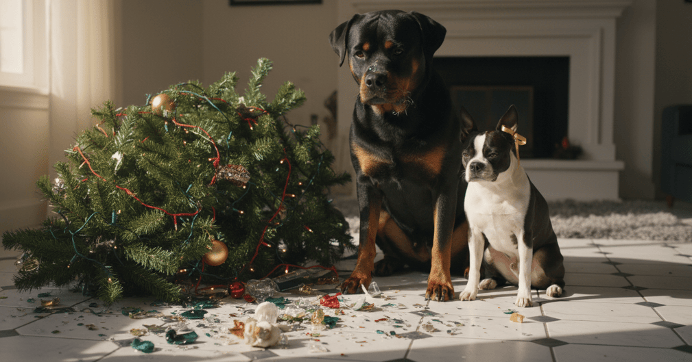 Un Rottweiler et un Boston Terrier jouant près d'un sapin de Noël renversé au milieu d'un salon.