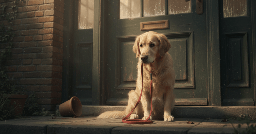 Un chien triste assis seul avec sa laisse, attendant devant une porte fermée.