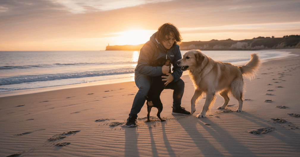 Une femme protégeant son petit chien sur une plage face à un autre chien non tenu en laisse.