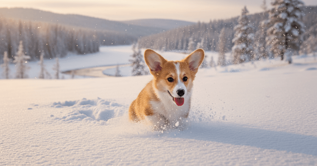 Un chiot Corgi joyeux sautant dans la neige fraîche avec ses oreilles dressées