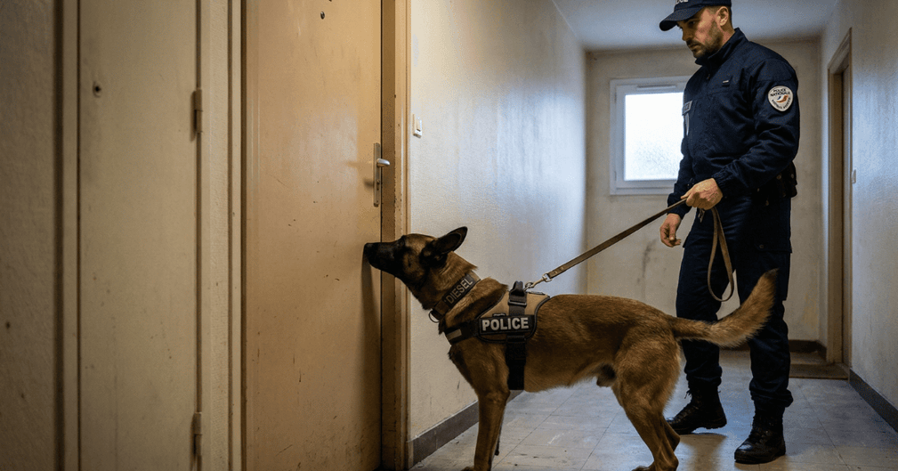 Chien policier devant une porte, forces de l'ordre à Niort