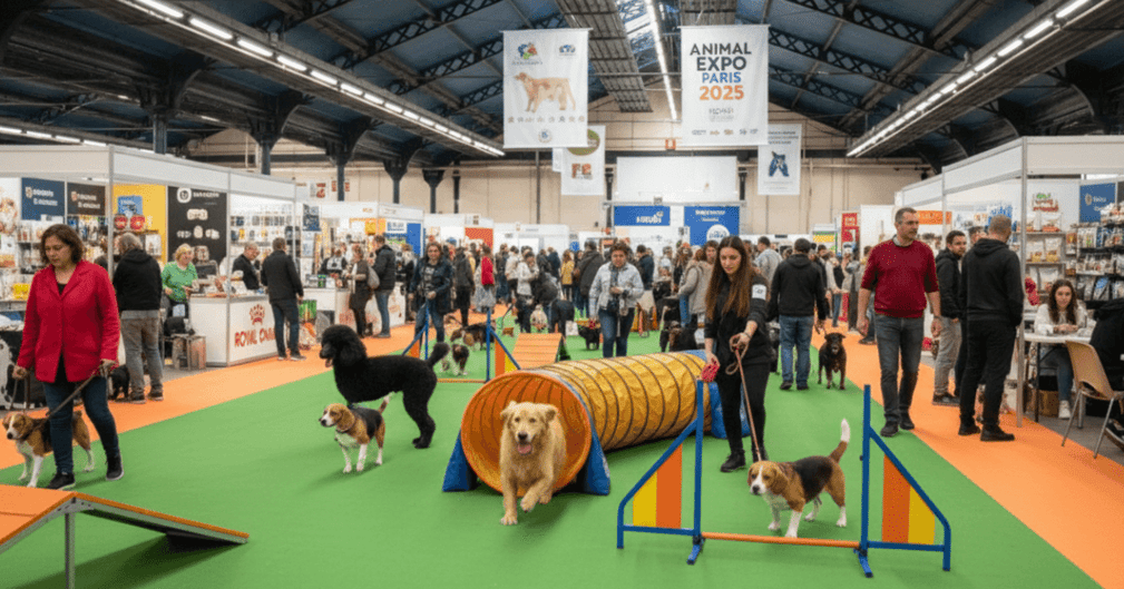 Chien jouant dans un parc lors d'Animal Expo Paris 2025, avec animations et ateliers pour animaux de compagnie