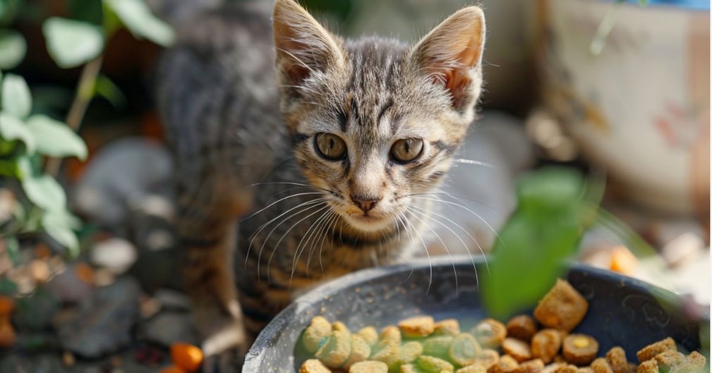 Chat curieux explorant en dehors de son bol de nourriture