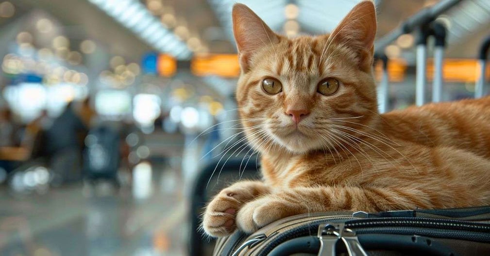 Noorang le chat roux dans un aéroport