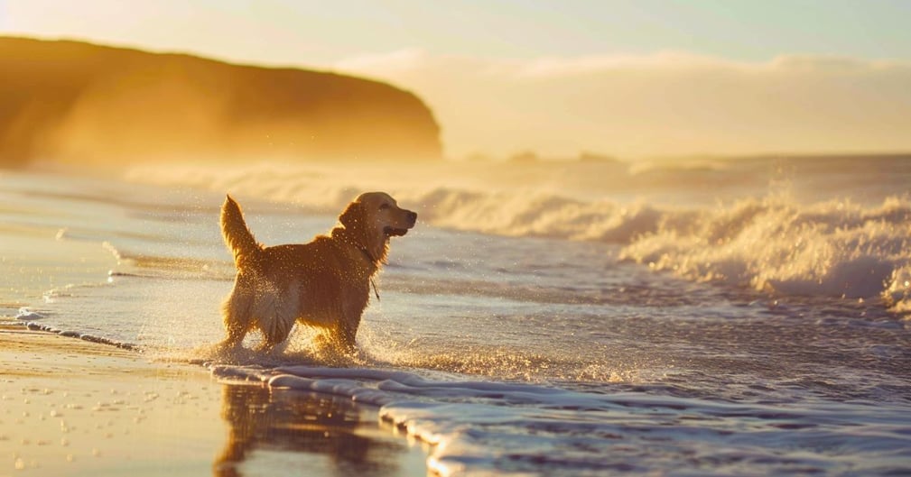 Un Labrador et un phoque jouent ensemble sur une plage ensoleillée de Santa Cruz