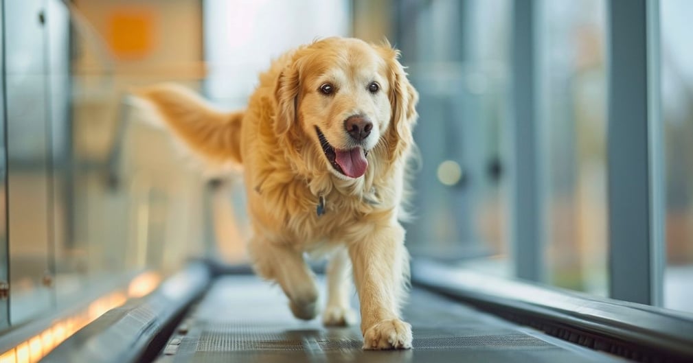 Un golden retriever beige qui marche sur un tapis roulant 