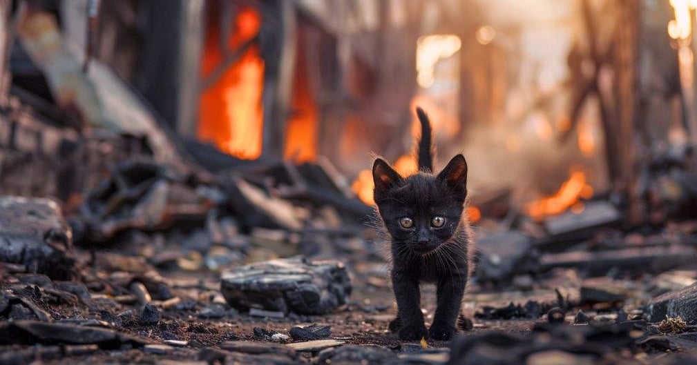 petit chaton noir dans décor post-apocalyptique dévasté par les flammes