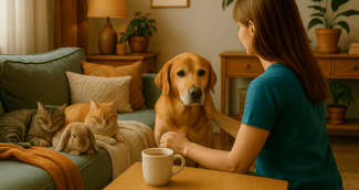 Une pet-sitter souriante rend visite à un chien, deux chats et un lapin nain dans leur maison familiale, leur offrant caresses et jeux dans un environnement familier et rassurant.