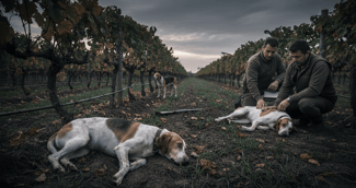 Chien de chasse triste dans les vignes de Beauvoisin, village endeuillé