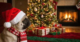 Un petit carlin à l'air sérieux devant des décorations de Noël