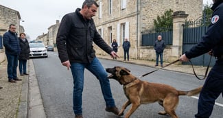 Un chien de type Malinois l'air alerte et tendu dans une rue résidentielle. ( image d'illustration )