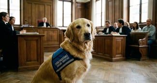 Un chien d'assistance judiciaire de race Golden Retriever portant un harnais bleu et assis calmement dans une salle d'audience.