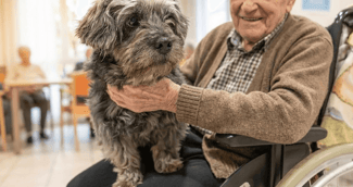 Un petit chien joyeux interagissant avec une personne âgée dans un salon chaleureux d'EHPAD.