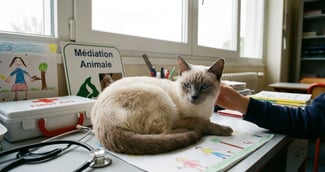 Un chat siamois calme assis sur un bureau d'infirmerie scolaire, illustrant la médiation animale en milieu scolaire.