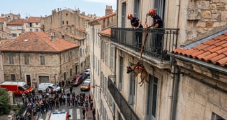 Un chien de type berger regardant à travers les barreaux d'un balcon avec espoir (  image d'illustration )