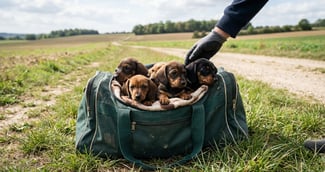 Cinq petits chiots Teckels blottis les uns contre les autres dans une couverture après leur sauvetage.