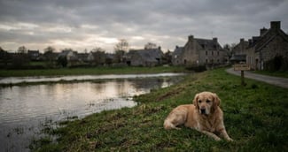 Un chien curieux reniflant une flaque d'eau dans un sous-bois humide en Bretagne
