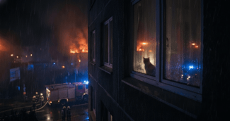 Chat regardant par une fenêtre avec un reflet de flammes, symbolisant l'incendie tragique de Nîmes.